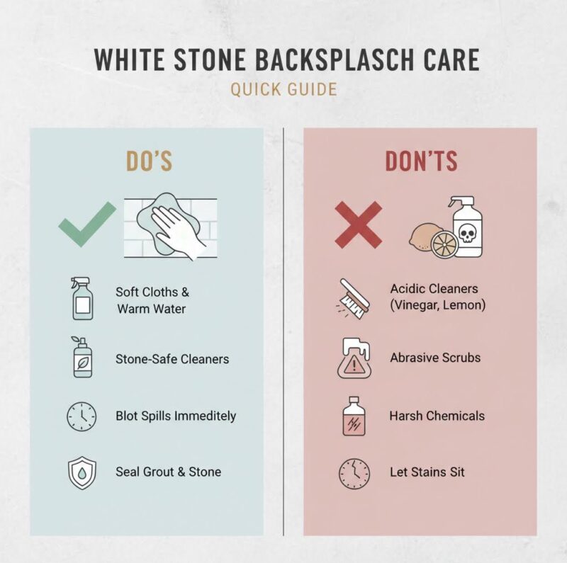 Do's and Don'ts for white stone backsplash care - how to clean white stone backsplash tile in kitchen infographic