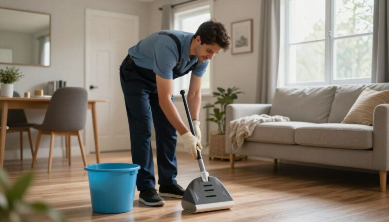 A professional and friendly cleaner in uniform tidying a bedroom in a Park Ridge home