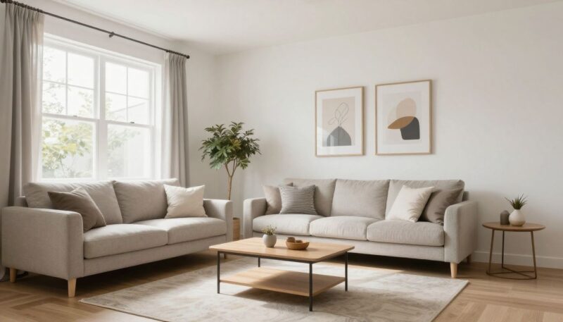 A bright, clean, and modern living room space in a new home, symbolizing a fresh start, captured in high quality, professional photography style.
