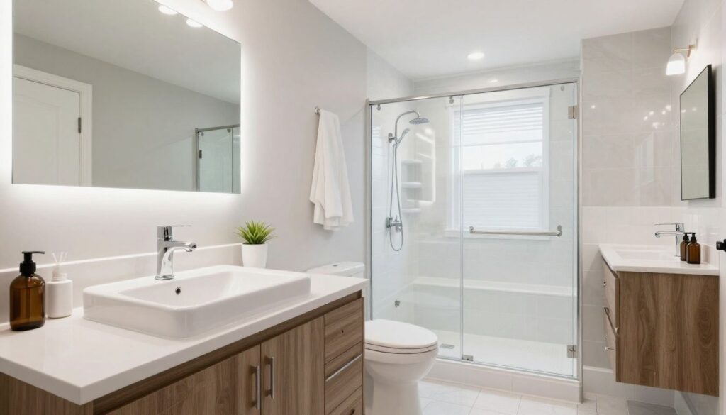 A bright, modern, and sparkling clean bathroom in a Park Ridge home, showcasing professional cleaning results.