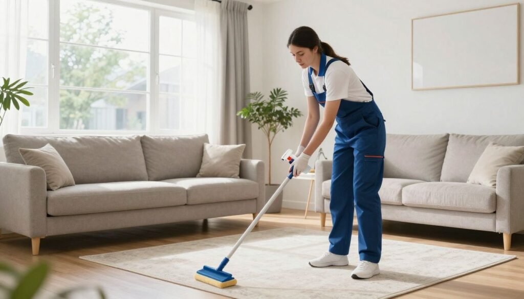 A professional house cleaner performing a detailed one-time deep clean in a bright, modern living room in an upscale suburban home.