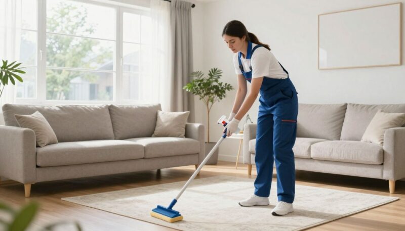 A professional house cleaner performing a detailed one-time deep clean in a bright, modern living room in an upscale suburban home.