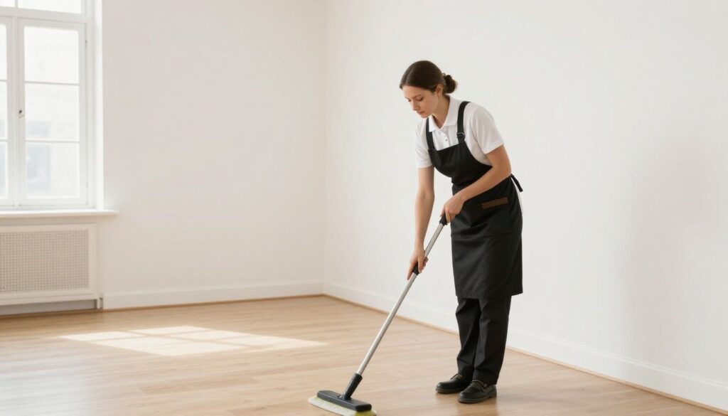 A professional maid cleaning an empty, bright, white-walled room in Park Ridge in high-quality, realistic style