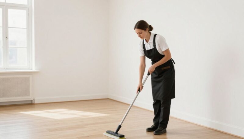 A professional maid cleaning an empty, bright, white-walled room in Park Ridge in high-quality, realistic style