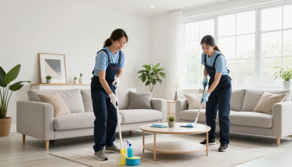 A professional and friendly cleaner from Your Bright Home cleaning a bright, modern living room in a Park Ridge residence.