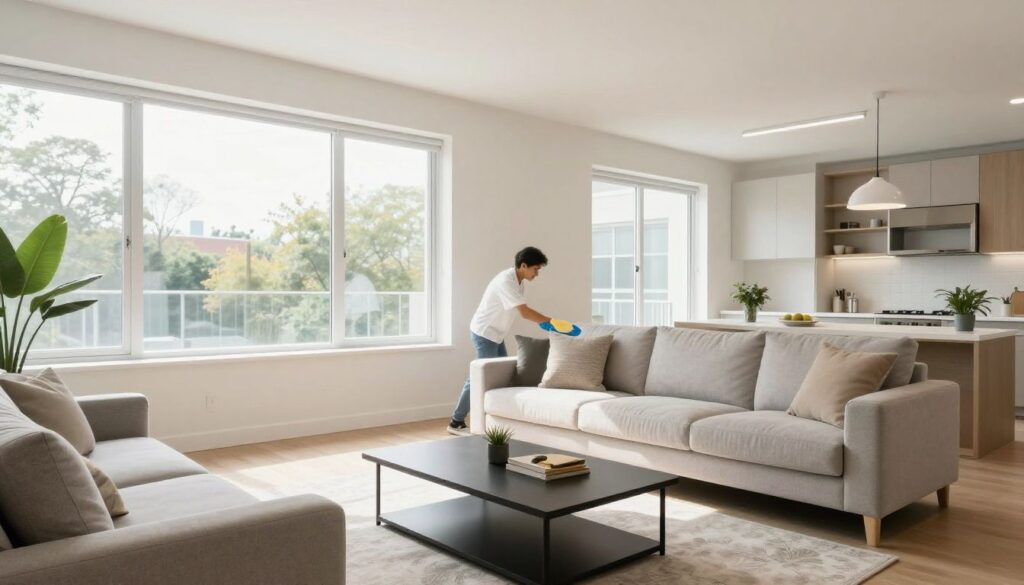 A bright, clean, and modern living room in a Park Ridge condo with natural light streaming through windows, showcasing professional cleaning results.