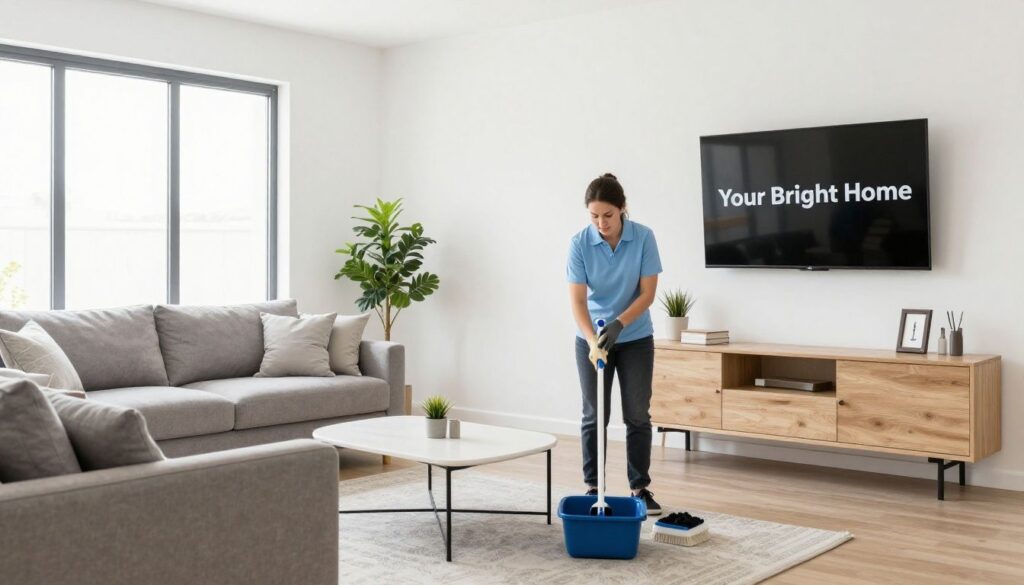 A bright, clean, and organized living room in a modern Park Ridge home, reflecting the professional quality of Your Bright Home cleaning services.