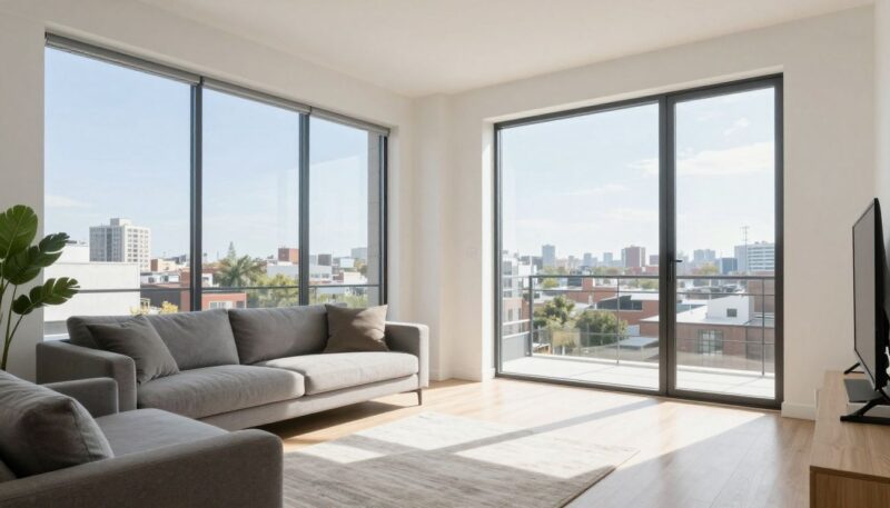 A bright, clean, and organized modern apartment living room in Park Ridge with natural sunlight streaming through the windows.