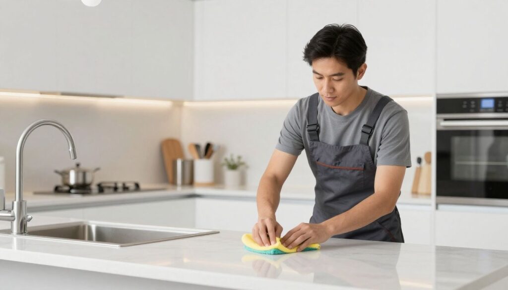 A professional cleaning service team member meticulously dusting a newly renovated modern kitchen in a Park Ridge home.