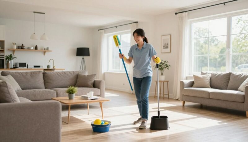 A professional and friendly house cleaner dusting a clean living room with bright lighting and an organized space in a suburban Park Ridge home.
