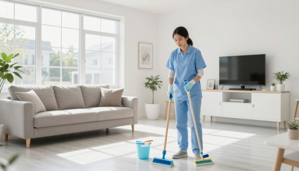 A bright, clean, and modern living area inside a suburban townhouse with natural light, showing pristine floors and organized surfaces representing professional cleaning services.