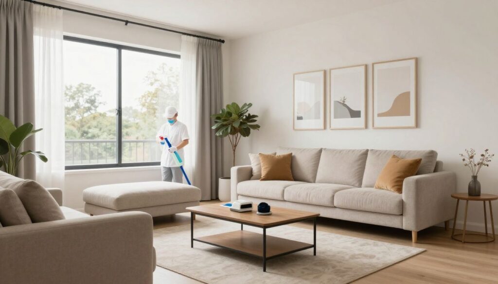 A bright, clean, and organized living room in a modern home in Park Ridge, reflecting the professional and meticulous results provided by Your Bright Home cleaning services.